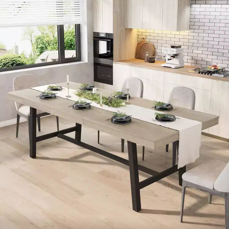 Table à manger industrielle extensible 63-83 po pour 6-8 personnes - Table de cuisine extensible avec cadre en métal robuste pour salle à manger, cuisine et fêtes