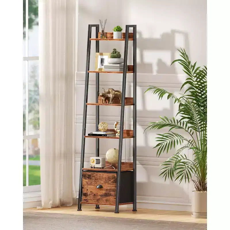 Étagère d'angle 6 niveaux Qwatto Brown avec tiroir, grande étagère industrielle en bois et métal, étagère de rangement autoportante, bibliothèque de présentation pour maison et bureau