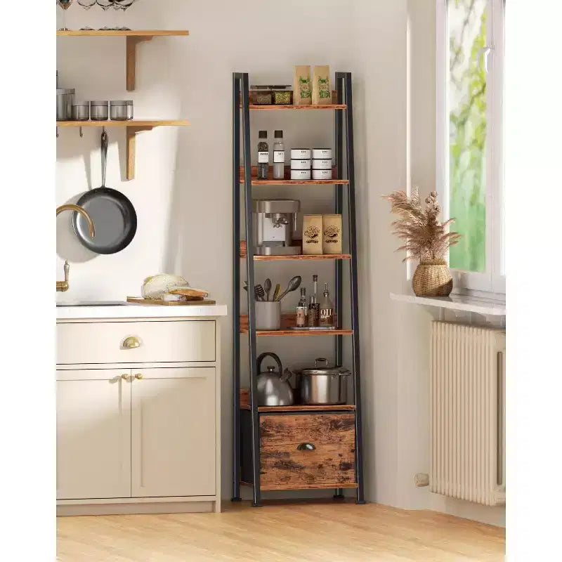 Étagère d'angle 6 niveaux Qwatto Brown avec tiroir, grande étagère industrielle en bois et métal, étagère de rangement autoportante, bibliothèque de présentation pour maison et bureau