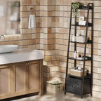 Étagère échelle 6 niveaux Qwatto Black avec tiroir, étagère de rangement industrielle haute en bois et métal, bibliothèque autoportante pour maison et bureau