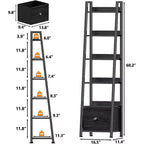 Étagère échelle 6 niveaux Qwatto Black avec tiroir, étagère de rangement industrielle haute en bois et métal, bibliothèque autoportante pour maison et bureau