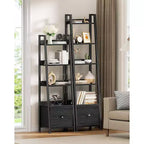 Étagère échelle 6 niveaux Qwatto Black avec tiroir, étagère de rangement industrielle haute en bois et métal, bibliothèque autoportante pour maison et bureau