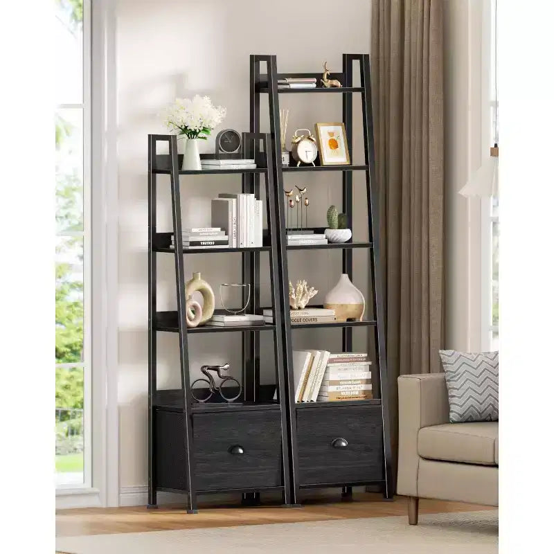 Étagère échelle 6 niveaux Qwatto Black avec tiroir, étagère de rangement industrielle haute en bois et métal, bibliothèque autoportante pour maison et bureau
