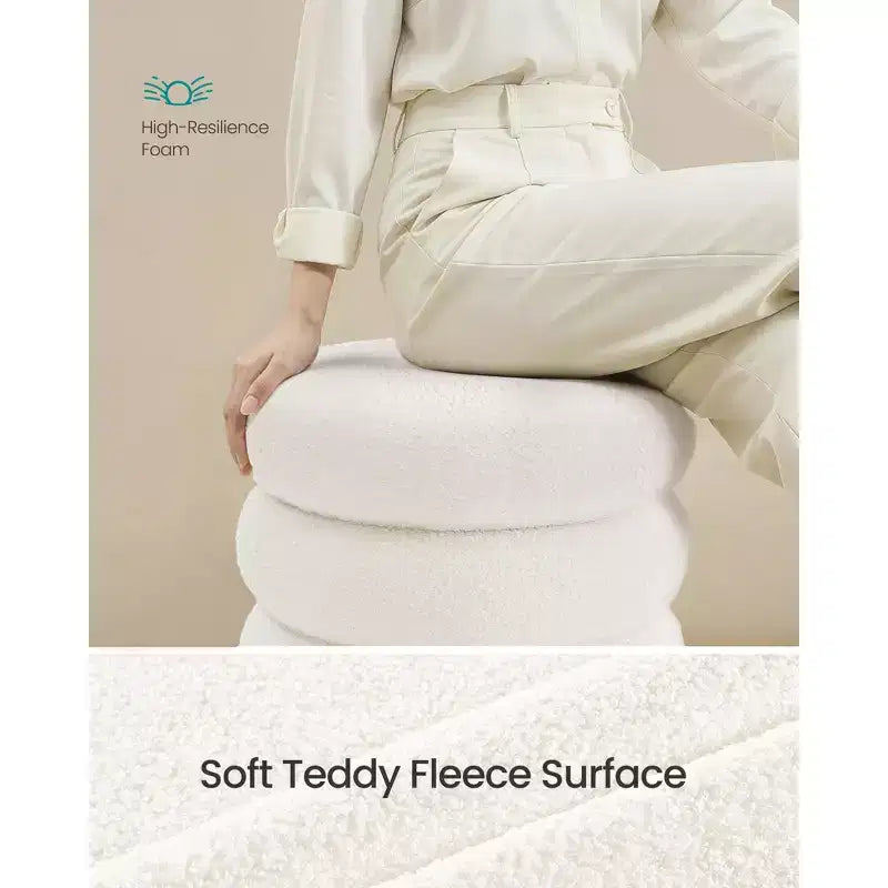SONGMICS Tabouret de Coiffeuse, Pouf Rond avec Rangement, Rembourré, Couvercle Amovible, Montage Facile, 42,9 x 42,9 x 47 cm, Polaire Douce, Blanc