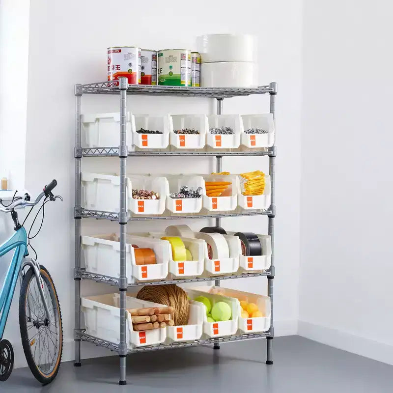 Étagère de rangement à bacs roulants VEVOR à 5 niveaux, 16 bacs de rangement, système d'étagères en fil d'acier avec roues, organisateur d'outils mobile, argent + blanc