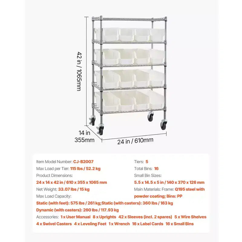 Étagère de rangement à bacs roulants VEVOR à 5 niveaux, 16 bacs de rangement, système d'étagères en fil d'acier avec roues, organisateur d'outils mobile, argent + blanc
