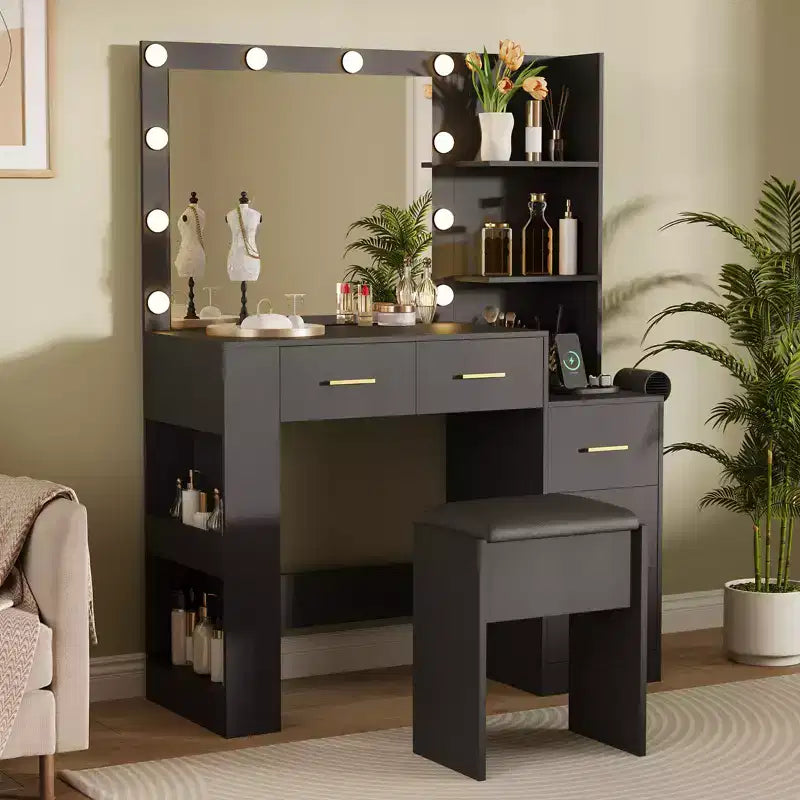 Coiffeuse avec miroir et tabouret, coiffeuse blanche avec 5 tiroirs, ensemble de coiffeuse pour chambre à coucher
