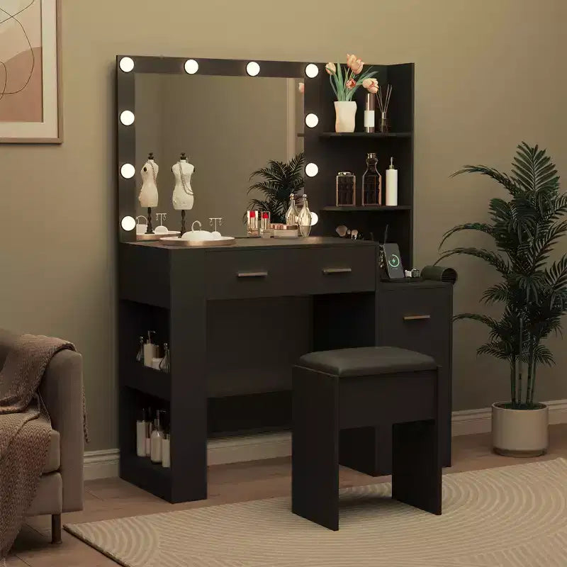 Coiffeuse avec miroir et tabouret, coiffeuse blanche avec 5 tiroirs, ensemble de coiffeuse pour chambre à coucher