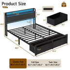 Cadre de lit plateforme Queen avec 2 tiroirs de rangement Tête de lit Lumières LED Station de recharge Métal Bois robuste Pas besoin de sommier Chambre d'amis USB