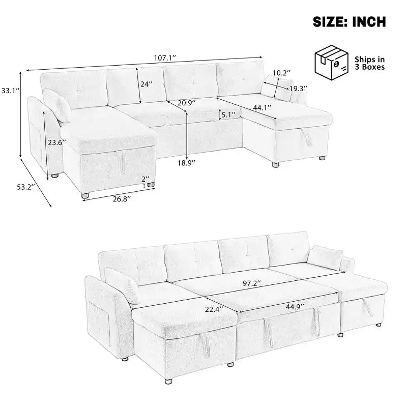Canapé d'angle convertible Whisen Modern Fabric 107 avec grand espace de rangement et ports USB