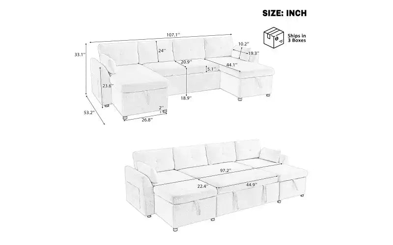 Canapé d'angle convertible Whisen Modern Fabric 107 avec grand espace de rangement et ports USB