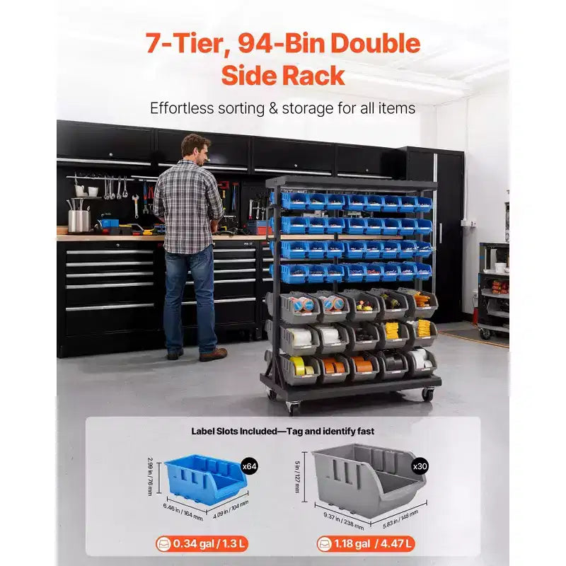 Étagère de rangement à bacs roulants double face VEVOR à 7 niveaux, 94 bacs en plastique, organisateur de pièces double face avec roues, organisateur d'outils mobile, noir