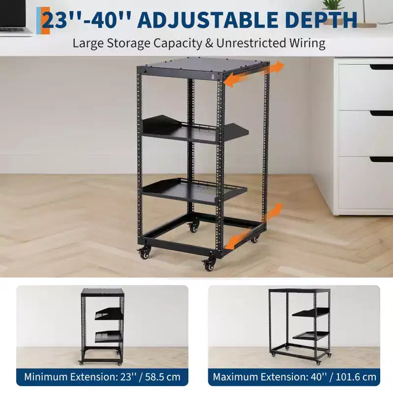 Rack réseau à cadre ouvert en acier au carbone robuste 20U, hauteur réglable 22-40 pouces, 2 plateaux, 4 roulettes verrouillables, fixation au sol/mur pour équipement informatique et audiovisuel