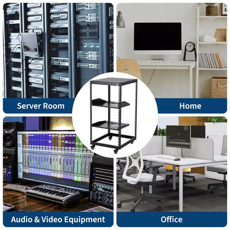Rack réseau à cadre ouvert en acier au carbone robuste 20U, hauteur réglable 22-40 pouces, 2 plateaux, 4 roulettes verrouillables, fixation au sol/mur pour équipement informatique et audiovisuel