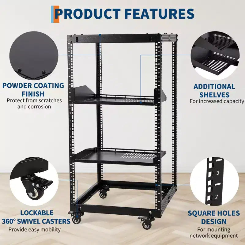 Rack réseau à cadre ouvert en acier au carbone robuste 20U, hauteur réglable 22-40 pouces, 2 plateaux, 4 roulettes verrouillables, fixation au sol/mur pour équipement informatique et audiovisuel