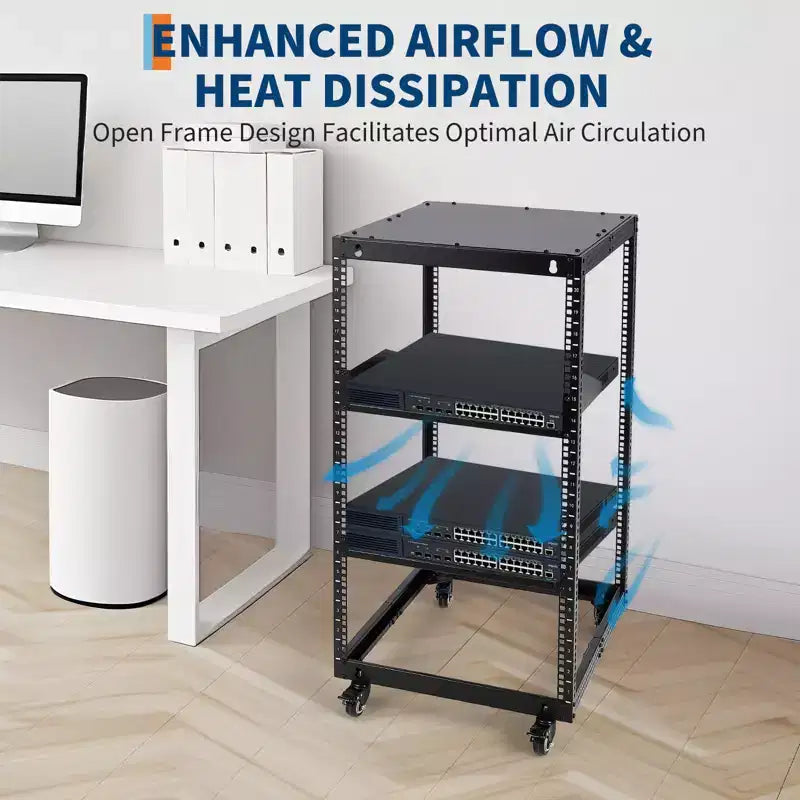 Rack réseau à cadre ouvert en acier au carbone robuste 20U, hauteur réglable 22-40 pouces, 2 plateaux, 4 roulettes verrouillables, fixation au sol/mur pour équipement informatique et audiovisuel