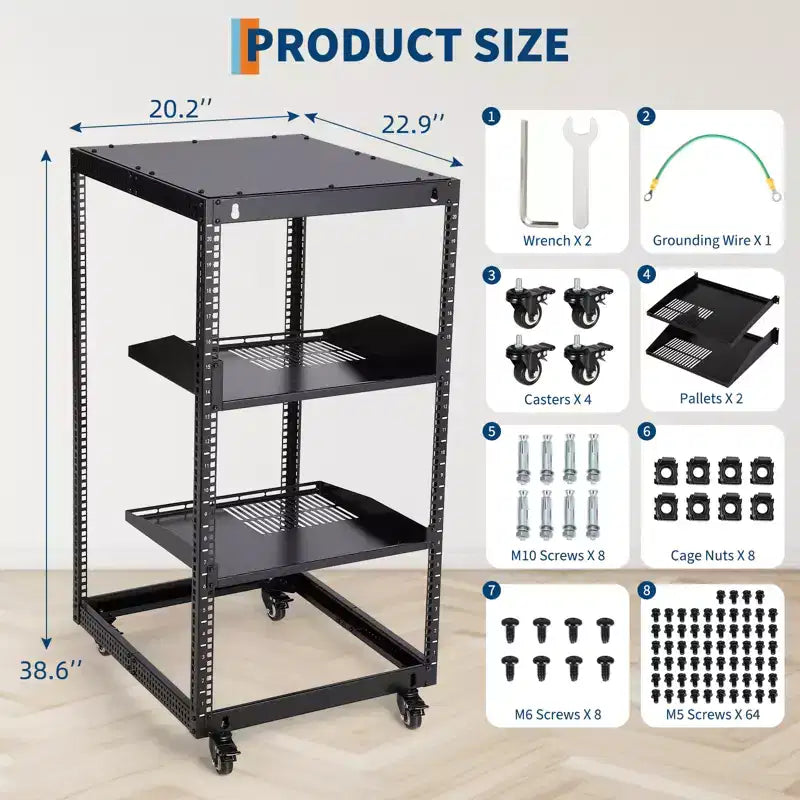 Rack réseau à cadre ouvert en acier au carbone robuste 20U, hauteur réglable 22-40 pouces, 2 plateaux, 4 roulettes verrouillables, fixation au sol/mur pour équipement informatique et audiovisuel
