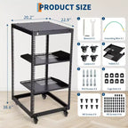 Rack réseau à cadre ouvert en acier au carbone robuste 20U, hauteur réglable 22-40 pouces, 2 plateaux, 4 roulettes verrouillables, fixation au sol/mur pour équipement informatique et audiovisuel