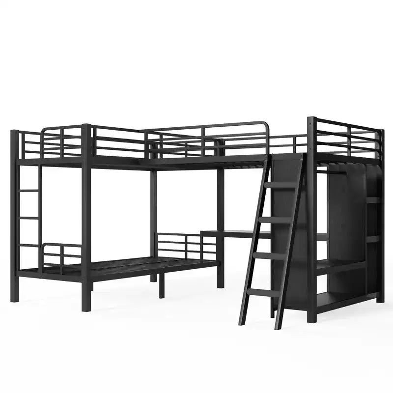 Lit superposé triple en métal en forme de L GDFStudio Sposs avec bureau et armoire