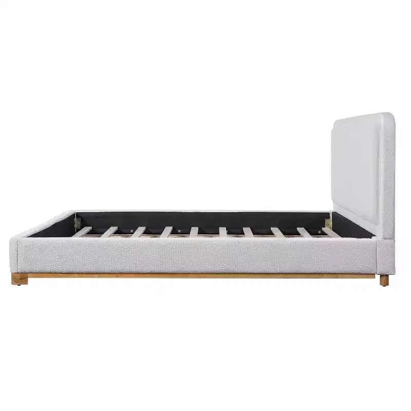Cadre de lit plateforme ModernLuxe Queen/King Size, lit rembourré moderne de style Mid-Century avec tête de lit incurvée et base en bois d'hévéa, blanc