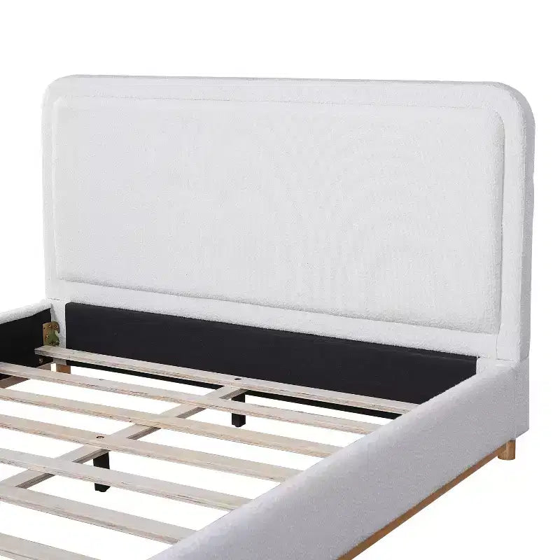 Cadre de lit plateforme ModernLuxe Queen/King Size, lit rembourré moderne de style Mid-Century avec tête de lit incurvée et base en bois d'hévéa, blanc