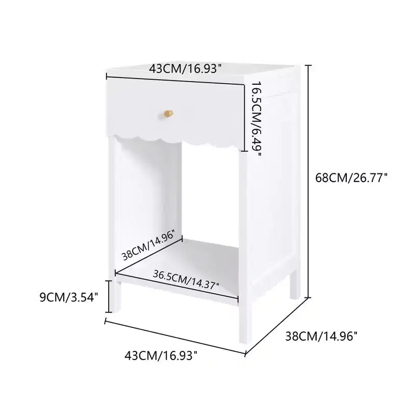 Table de chevet FurnitureR avec bord festonné, tiroir et étagère ouverte, table de chevet moderne, accent de bouton doré pour chambre à coucher, salon, entrée