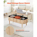 Table basse relevable de 99,06 cm, table basse ovale cannelée avec 3 compartiments cachés, bureau central ovale en bois de style mid-century avec rangement