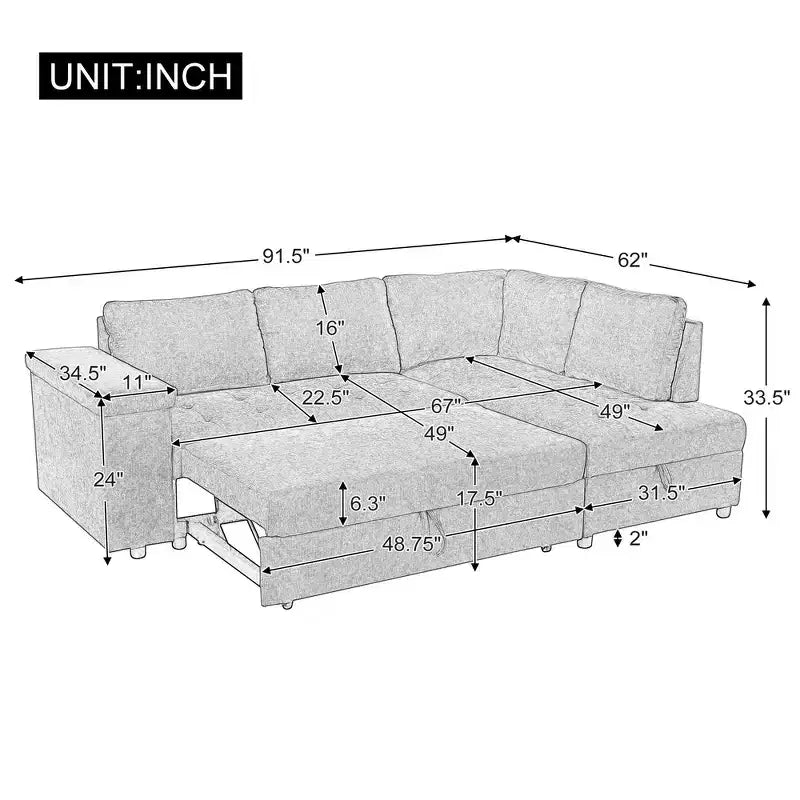 Canapé-lit sectionnel convertible Whisen avec rangement, ensemble de canapé-lit escamotable avec rangement caché - Gris