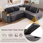 Canapé-lit sectionnel convertible Whisen avec rangement, ensemble de canapé-lit escamotable avec rangement caché - Gris