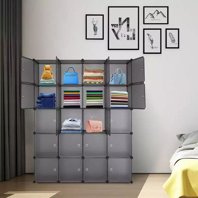 Karl Home Armoire modulable 20 cubes avec 1 tringle de suspension, organisateur de rangement en plastique DIY à 5 niveaux, Gris