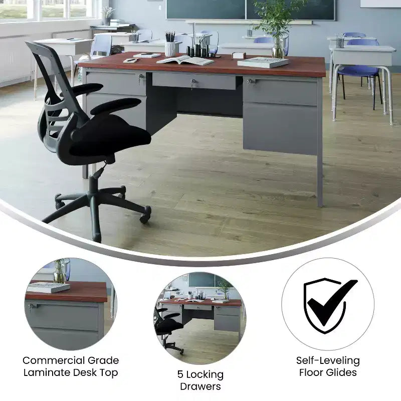 Flash Furniture Cambridge, bureau double piédestal de qualité commerciale 76x152 cm avec 5 tiroirs verrouillables, plateau couleur acajou et cadre gris anthracite