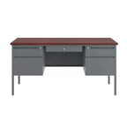 Flash Furniture Cambridge, bureau double piédestal de qualité commerciale 76x152 cm avec 5 tiroirs verrouillables, plateau couleur acajou et cadre gris anthracite
