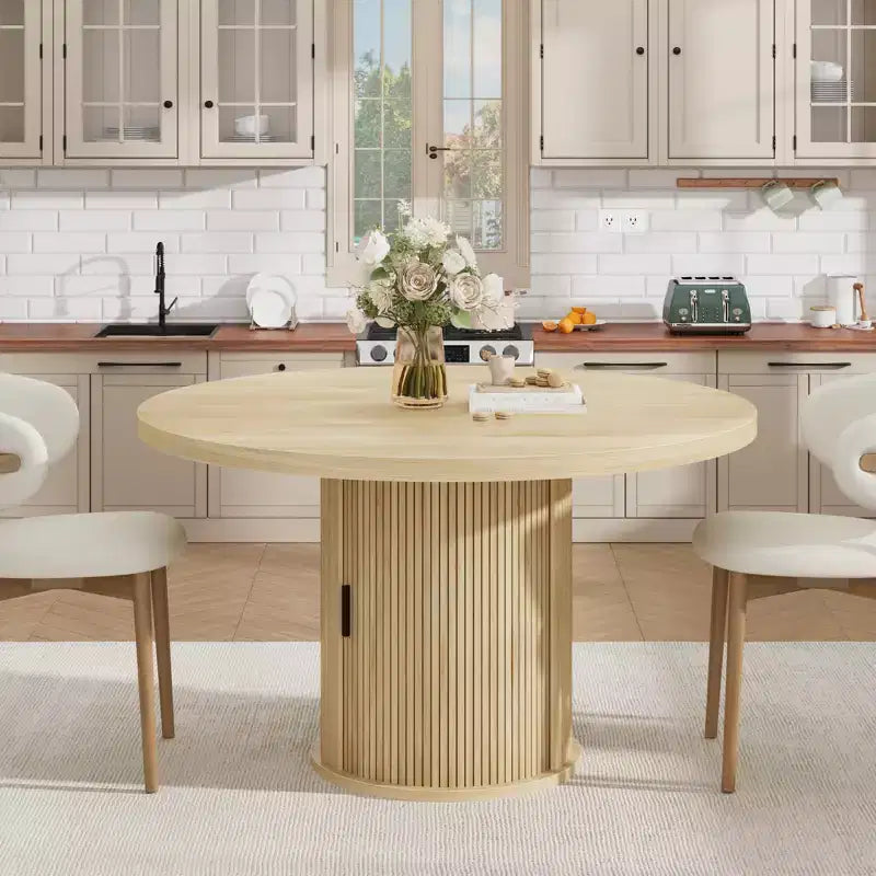 Table à manger ronde de ferme 47 pour 4-6 personnes, étagère de rangement à 2 niveaux et tiroir, table circulaire peu encombrante, idéale pour la salle à manger, la cuisine, le salon