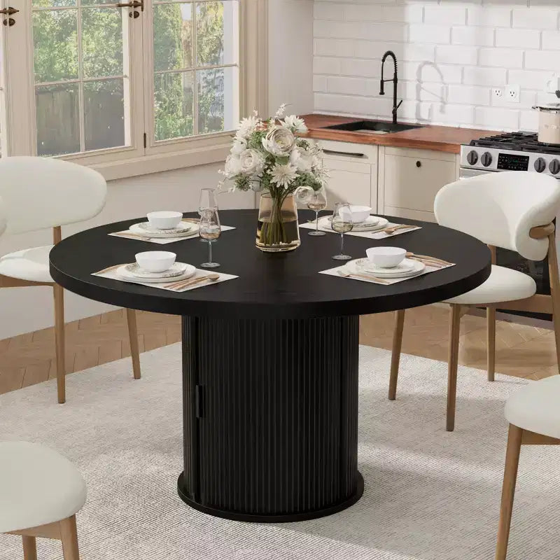 Table à manger ronde de ferme 47 pour 4-6 personnes, étagère de rangement à 2 niveaux et tiroir, table circulaire peu encombrante, idéale pour la salle à manger, la cuisine, le salon