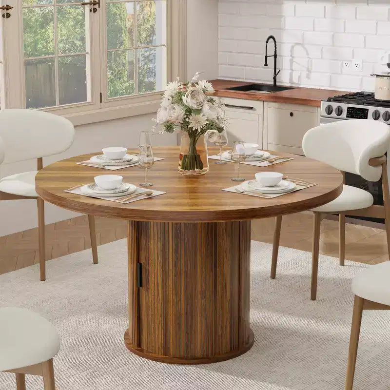 Table à manger ronde de ferme 47 pour 4-6 personnes, étagère de rangement à 2 niveaux et tiroir, table circulaire peu encombrante, idéale pour la salle à manger, la cuisine, le salon