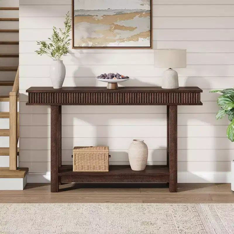 Console de style campagnard avec plateau cannelé pour entrée, table d'entrée avec étagère de rangement, table de canapé style campagnard pour salon, couloir, derrière le canapé