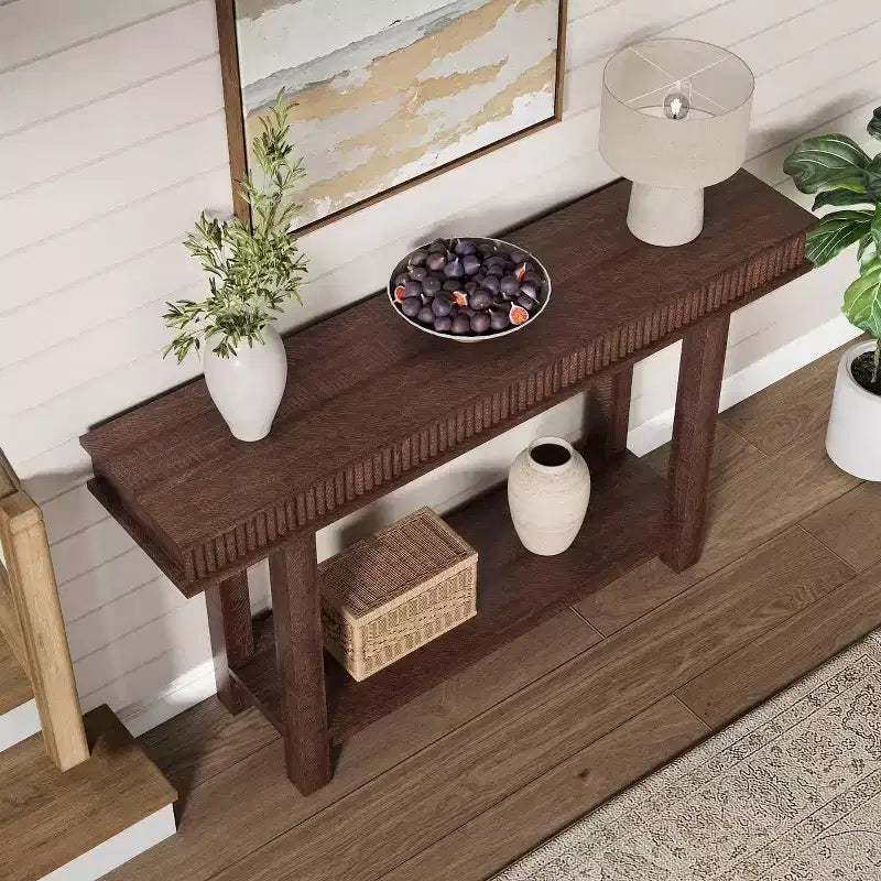 Console de style campagnard avec plateau cannelé pour entrée, table d'entrée avec étagère de rangement, table de canapé style campagnard pour salon, couloir, derrière le canapé