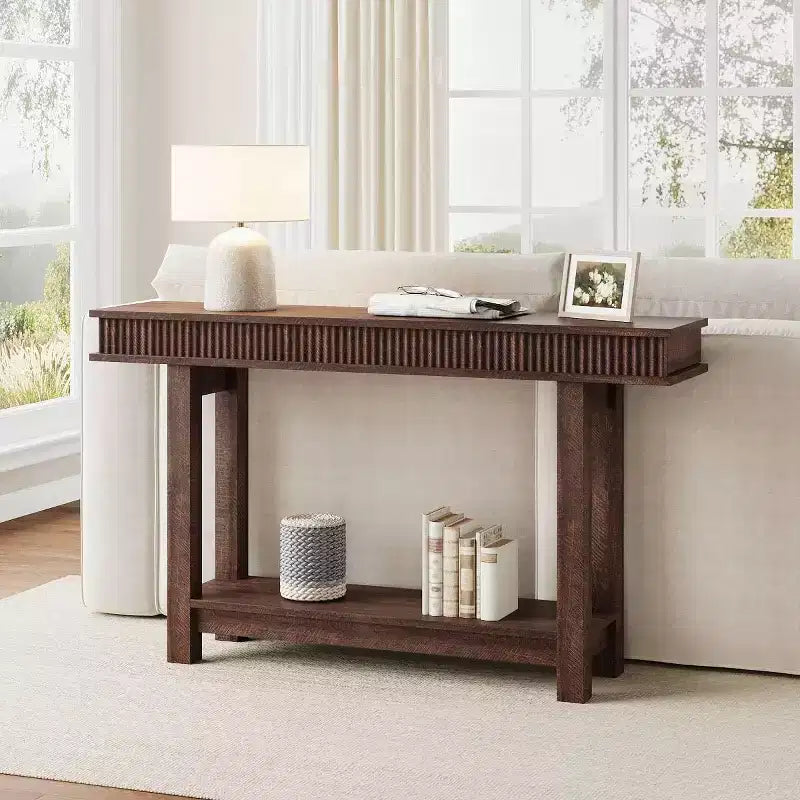 Console de style campagnard avec plateau cannelé pour entrée, table d'entrée avec étagère de rangement, table de canapé style campagnard pour salon, couloir, derrière le canapé