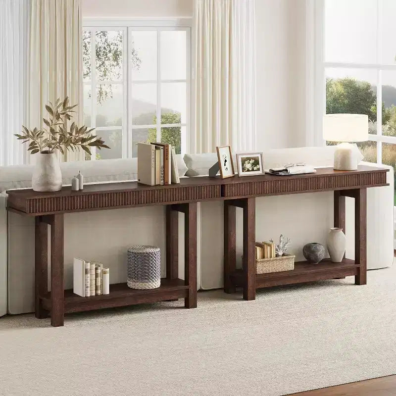 Console de style campagnard avec plateau cannelé pour entrée, table d'entrée avec étagère de rangement, table de canapé style campagnard pour salon, couloir, derrière le canapé