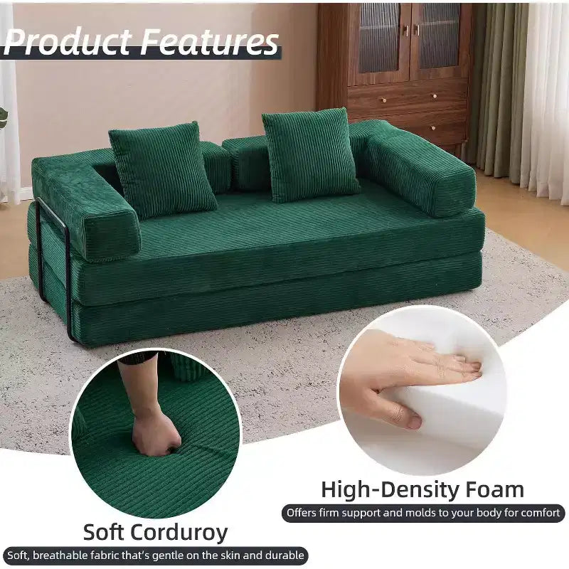 MooxvMoo Canapé-lit convertible, futon en velours côtelé avec oreiller, pour salon et chambre, vert
