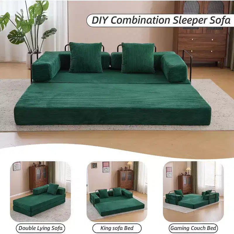 MooxvMoo Canapé-lit convertible, futon en velours côtelé avec oreiller, pour salon et chambre, vert