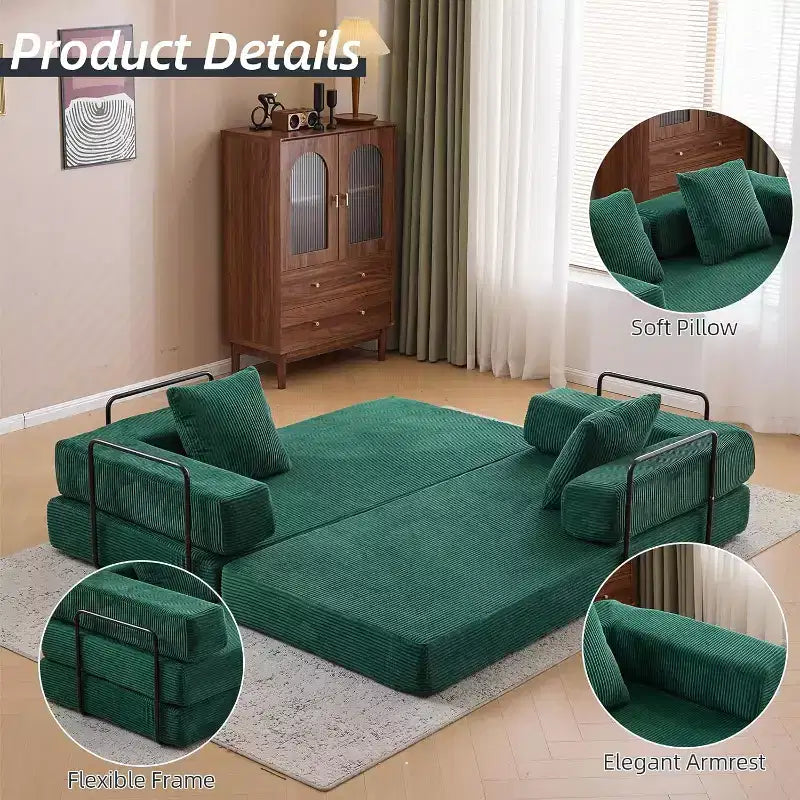 MooxvMoo Canapé-lit convertible, futon en velours côtelé avec oreiller, pour salon et chambre, vert