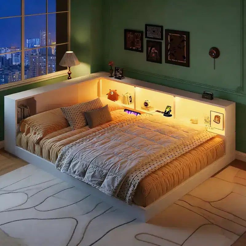 Lit de repos moderne Queen Luxystar avec 5 étagères de rangement, prises et lumière