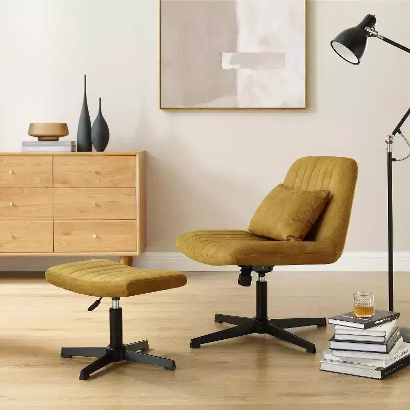 Fauteuil pivotant Art Leon, Chaise de bureau sans roulettes, Chaise sans accoudoirs moderne rembourrée en tissu bouclé avec repose-pieds
