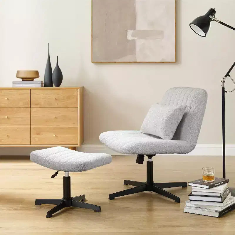Fauteuil pivotant Art Leon, Chaise de bureau sans roulettes, Chaise sans accoudoirs moderne rembourrée en tissu bouclé avec repose-pieds