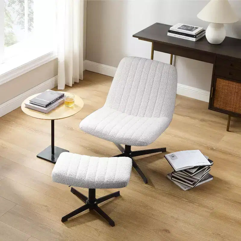 Fauteuil pivotant Art Leon, Chaise de bureau sans roulettes, Chaise sans accoudoirs moderne rembourrée en tissu bouclé avec repose-pieds