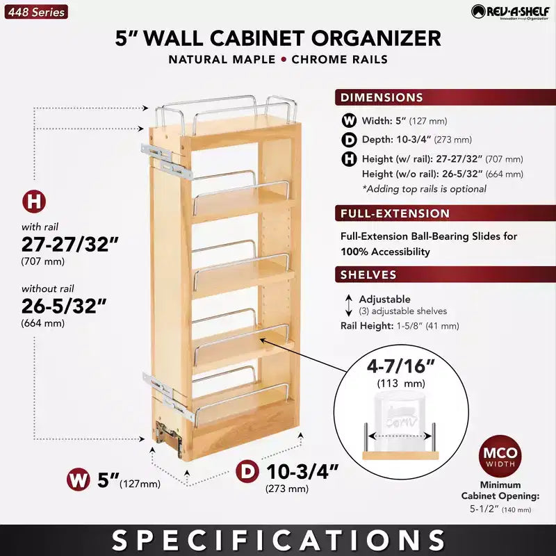 Organisateur de rangement coulissant Rev-A-Shelf 5 pour armoires de cuisine murales, étagères réglables coulissantes pour épices ou conserves, bois et chrome, 448-WC-5C