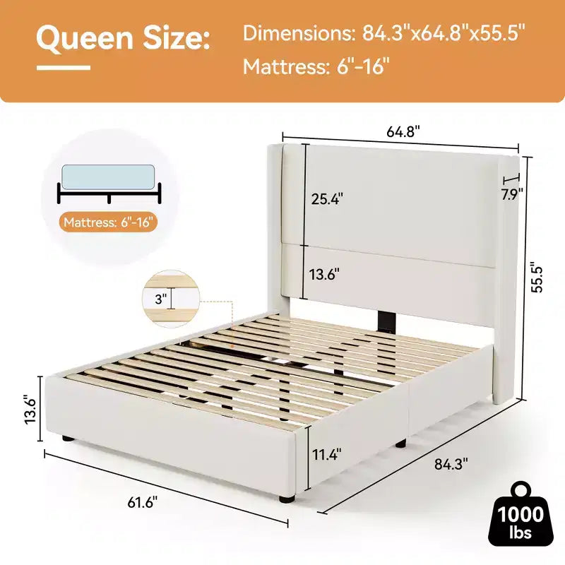 Cadre de lit Dyonery Queen, lit plateforme rembourré avec tête de lit capitonnée de 141 cm de haut, lattes en bois massif, sommier anti-bruit