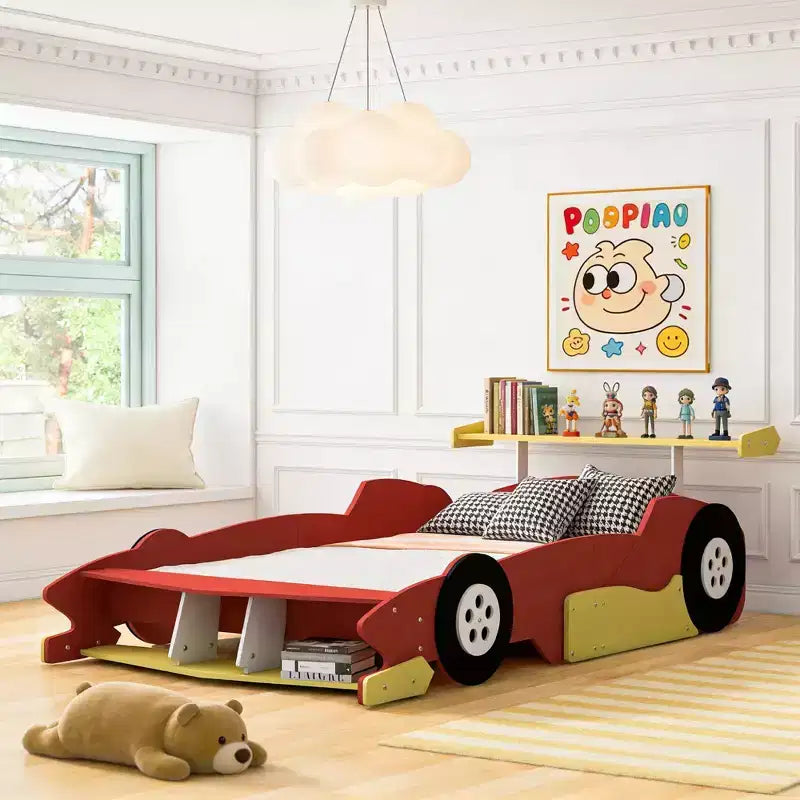 Lit Plateforme Luxystar en Forme de Voiture de Course avec Roues pour Chambre d'Enfant