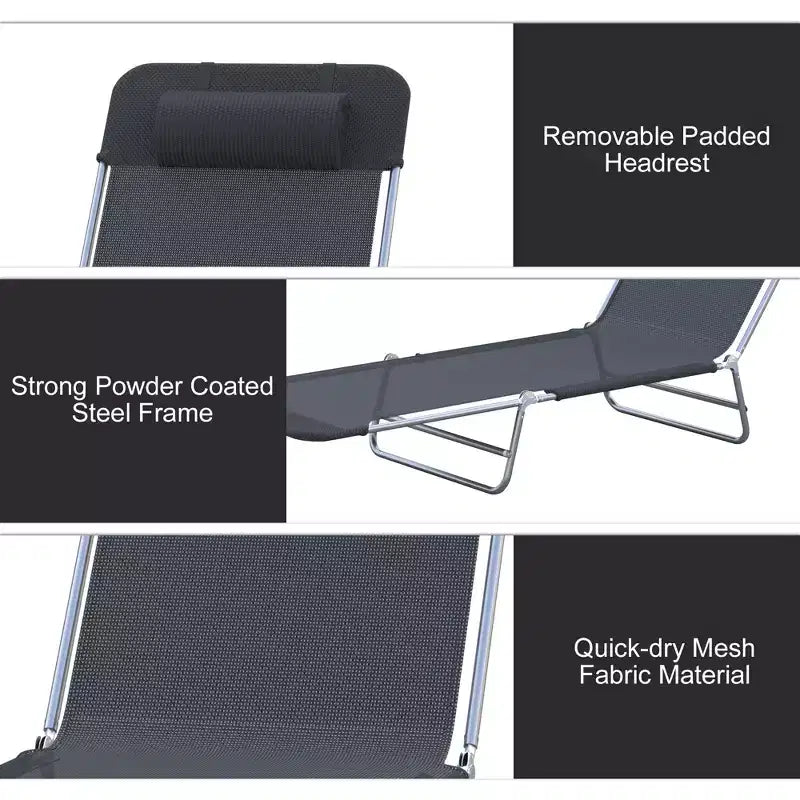 Chaise longue pliante avec oreiller, 6 positions d'inclinaison, maille respirante - Noir